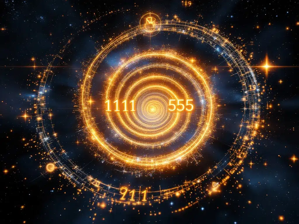 10 Spiritual Signs the Universe is Guiding Your Career Change 2 Mystical golden spiral with angel numbers 1111 and 555 radiating in cosmic space, symbolizing spiritual awakening and career transformation