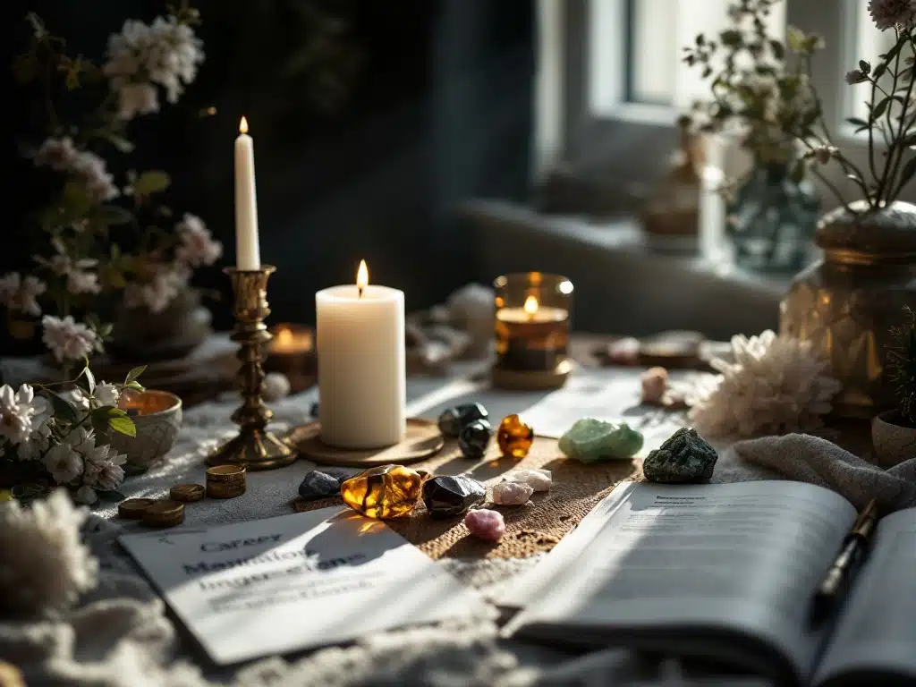 Sacred new moon altar with manifestation tools including a white candle, tiger's eye and green aventurine crystals, and intention papers, set against moonlit darkness