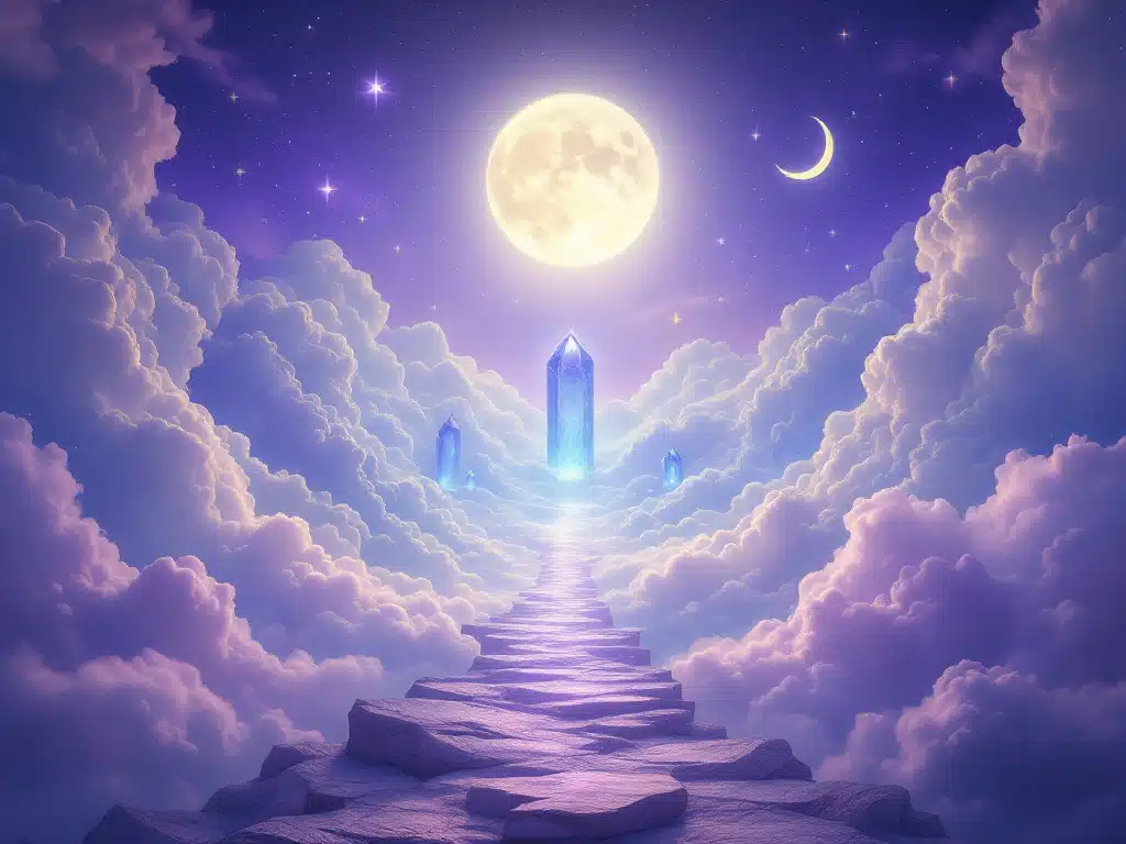 10 Spiritual Signs the Universe is Guiding Your Career Change 4 Ethereal stairway leading to glowing blue crystals under a full moon, representing spiritual ascension and professional growth journey