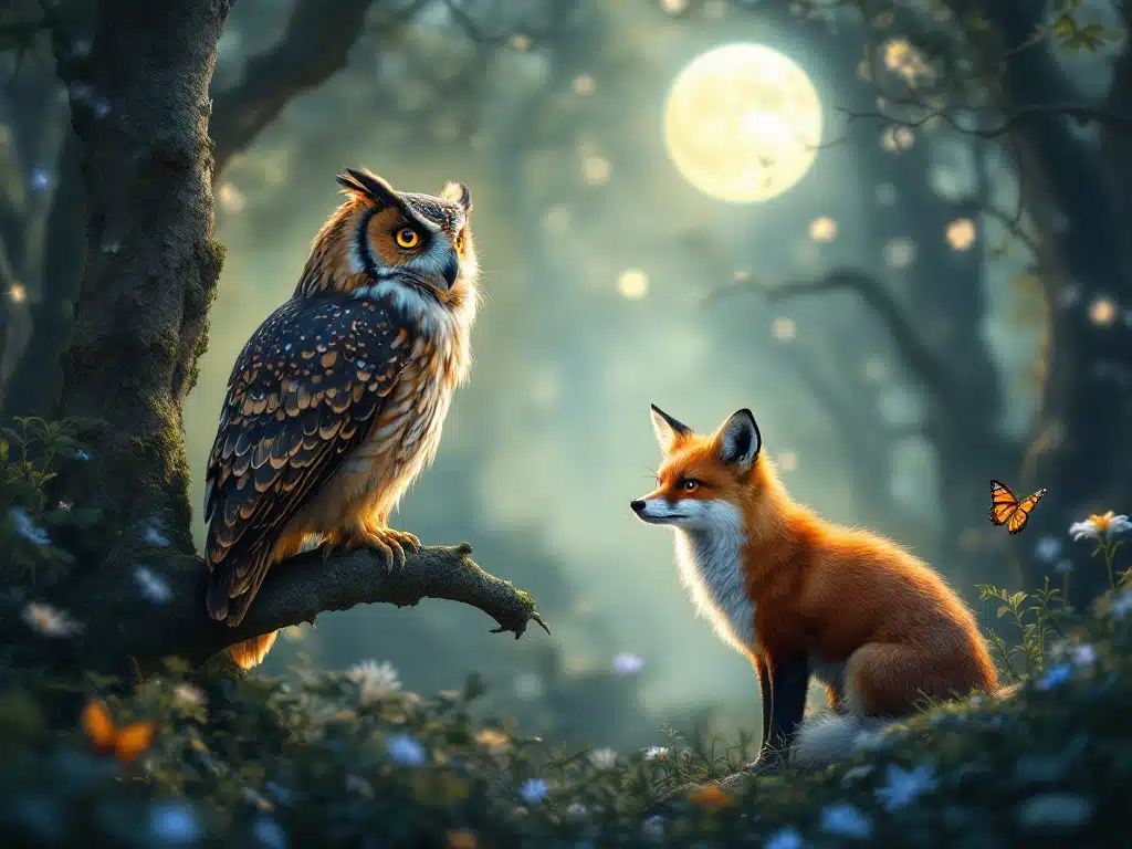 10 Spiritual Signs the Universe is Guiding Your Career Change 3 Wise owl and curious fox meeting under a mystical full moon, symbolizing spiritual guidance and wisdom in career decisions