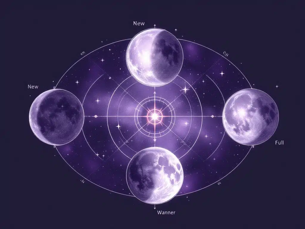 Mystical moon phase diagram showing career manifestation cycle with new, waxing, full, and waning moons surrounded by spiritual career symbols in purple and silver