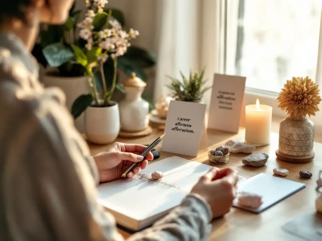 Person practicing morning manifestation ritual at desk with journal, affirmation cards, crystals, and candle in serene sunlit setting