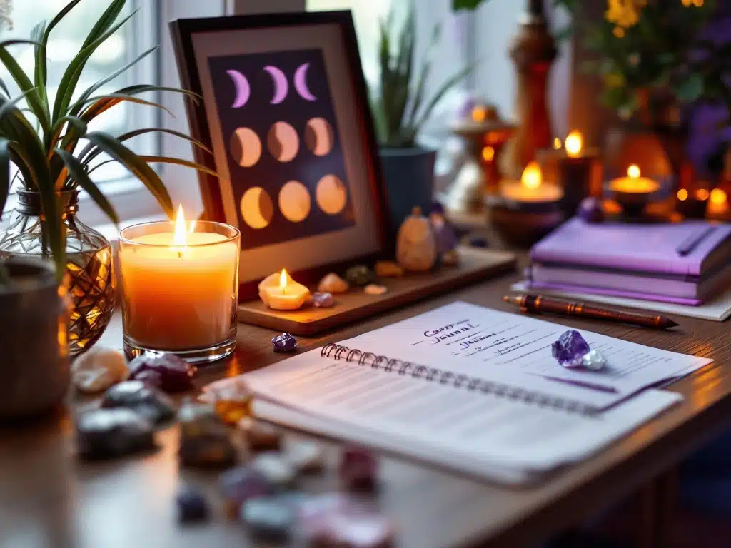 A table with moon phases and candles and a journal on it for affirmations