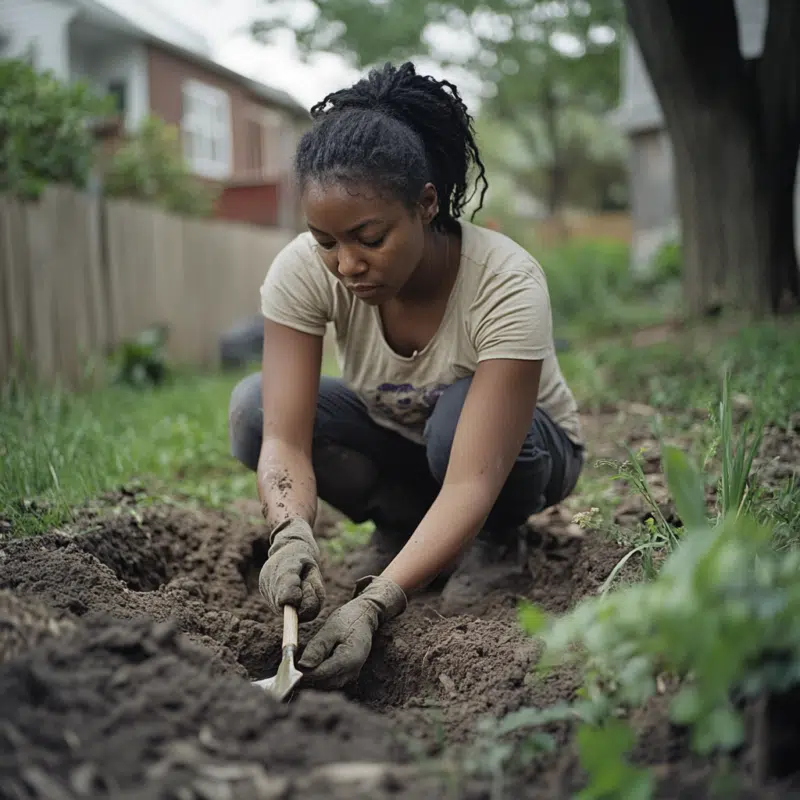 9 Powerful Ways to Use Whole High John the Conqueror Root in Your Spiritual Practice 5 A woman wearing gloves and casual clothes kneels in a backyard garden, using a small spade to dig into the soil. Trees, grass, and a wooden fence line the background.