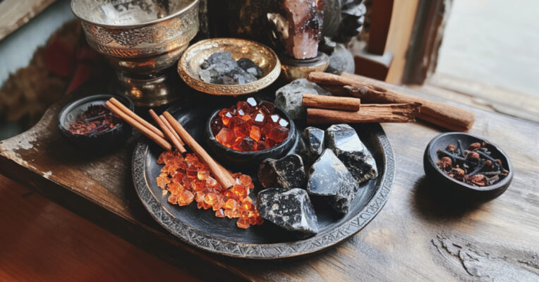 Understanding Masculine Energy in Crystals & Herbs: A Metaphysical Perspective 2 an altar with masculine crystals and herbs on it