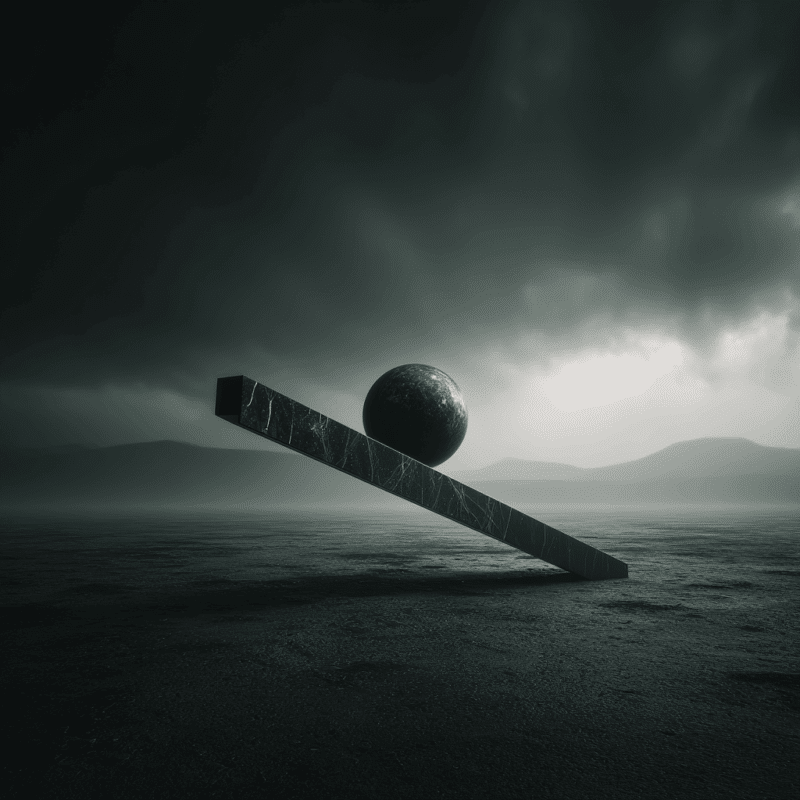 a black and white image of a ball balancing on a rectangular object