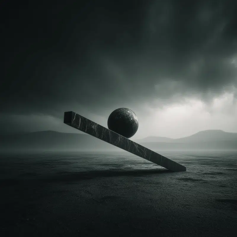 a black and white image of a ball balancing on a rectangular object