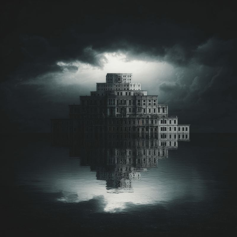 a building in the water with its reflection