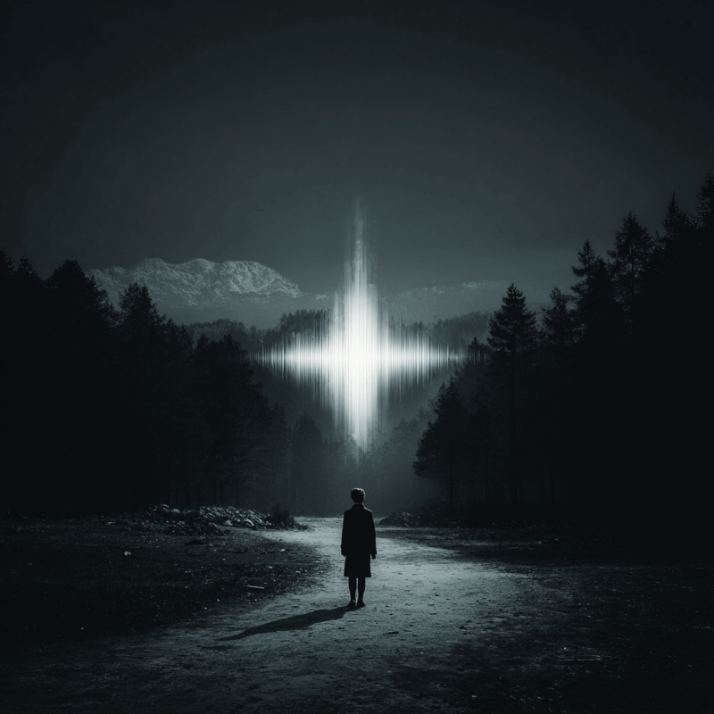 a person walking on a path in front of a light beam