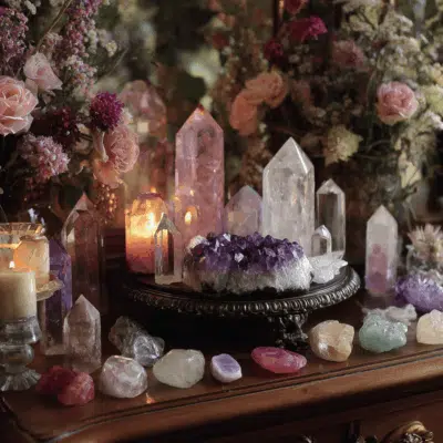 a group of crystals and flowers on a table