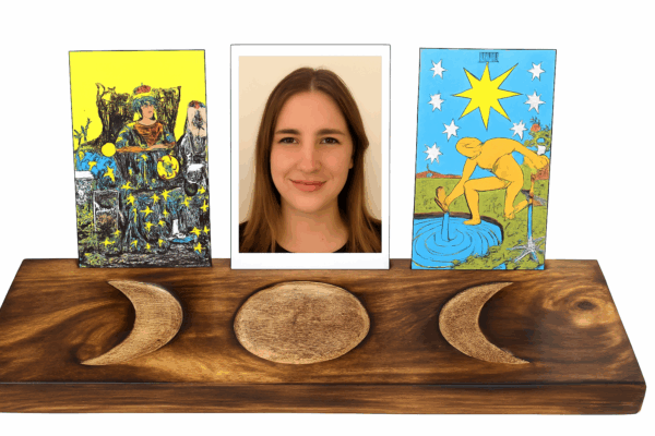3 Ways To Use A Triple Moon Tarot Card Holder For Manifesting With Tarot Cards 4 a woman's face with a picture of a tarot card