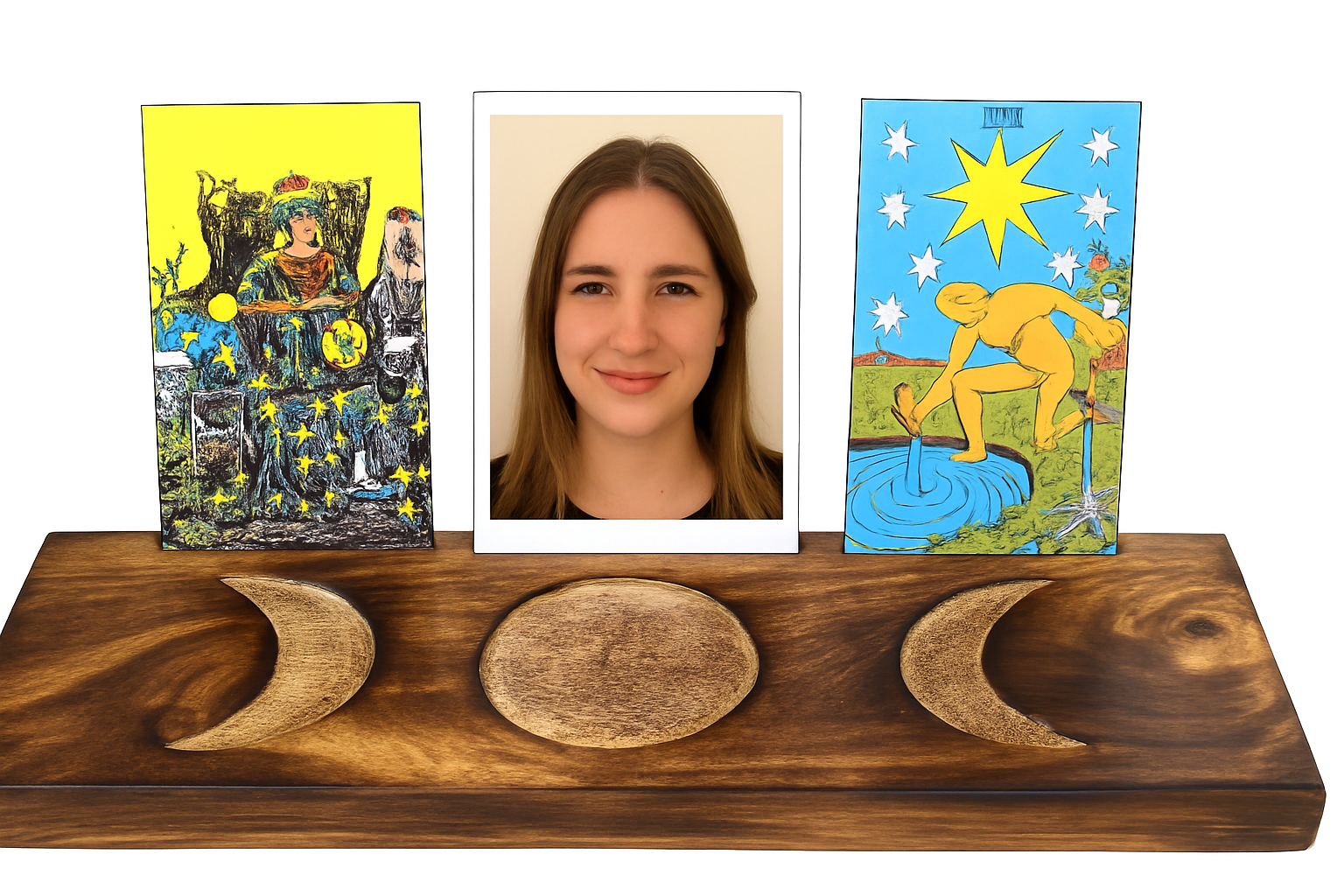 a woman's face with a picture of a tarot card