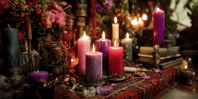a group of candles on a table as love spell ingredients