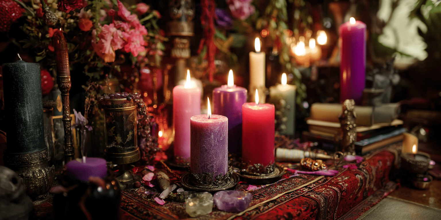 a group of candles on a table as love spell ingredients