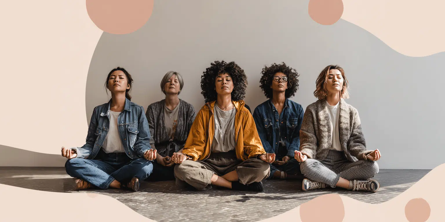 a group of women sitting on the floor with their eyes closed