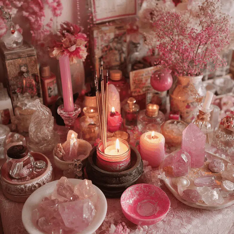 Baby Witch’s Guide to Love Spell Ingredients & Substitutions 4 a table with candles and flowers and incense that is a perfect