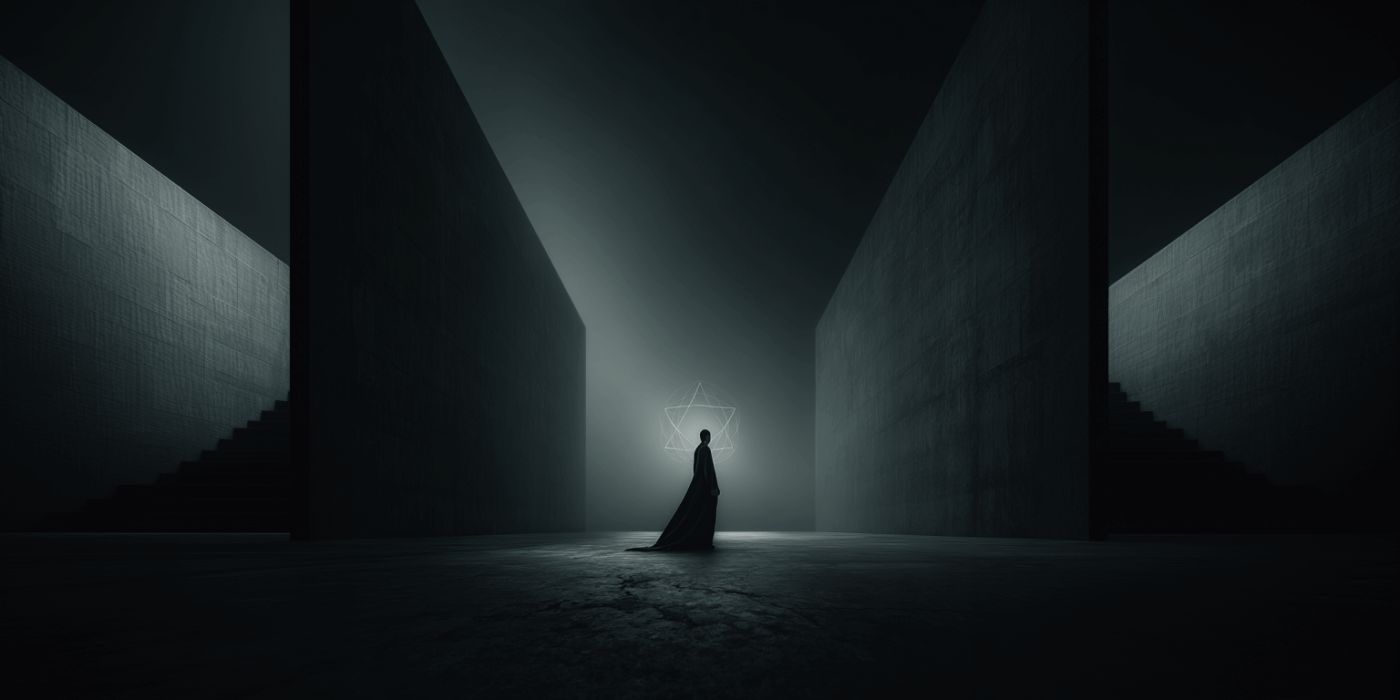 a person in a black robe standing in a dark room with a star, representing a visualization of the 7 Hermetic Principles