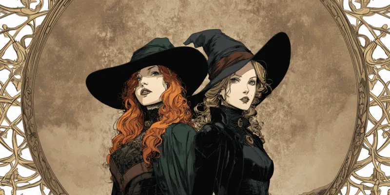 Two witches in contrasting outfits.