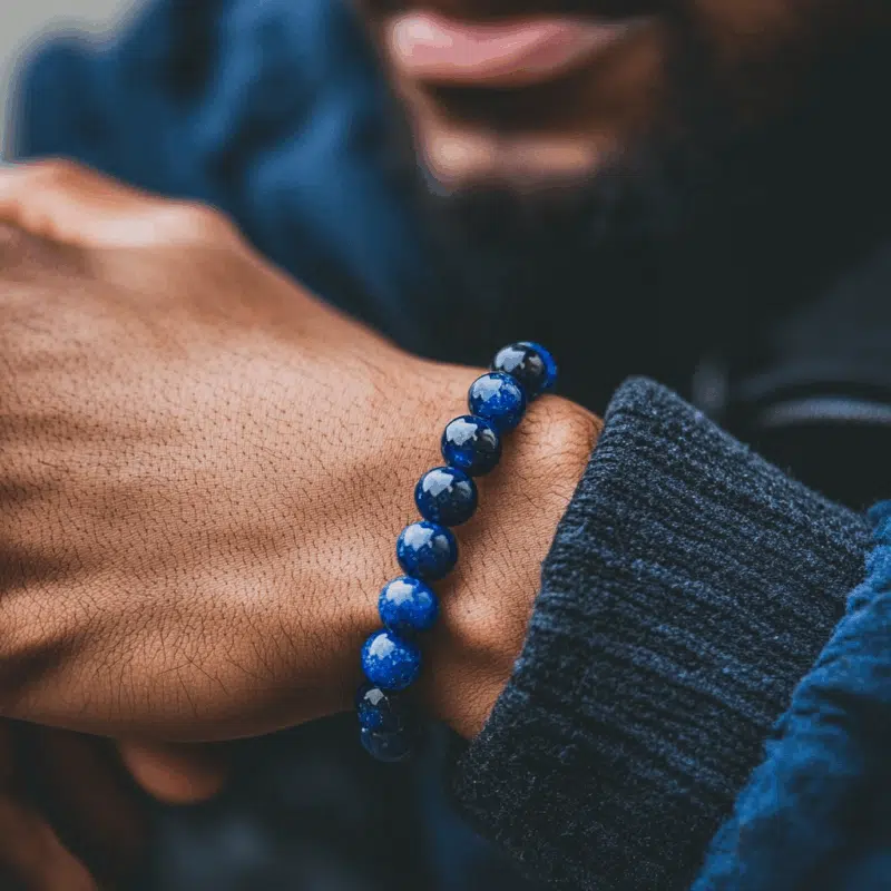A man wearing a sodalite crystal bead bracelet from Plentiful Earth