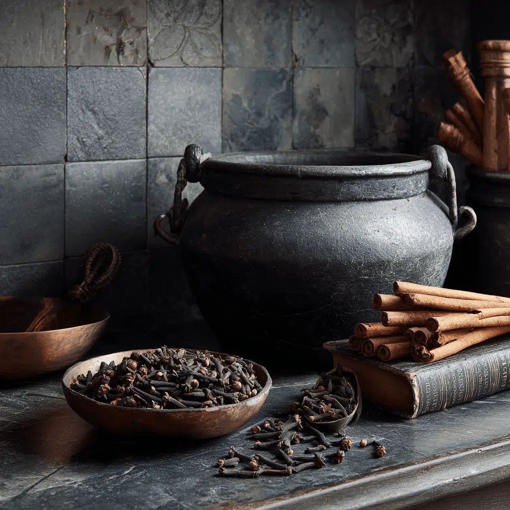 cloves and a cauldron with cinnamon sticks next to it