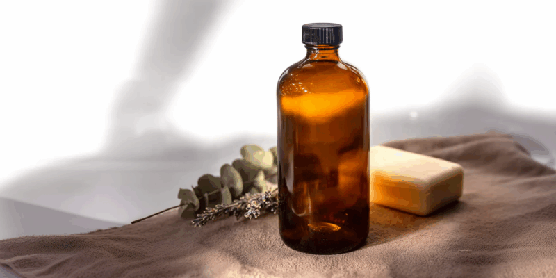 Amber bottle with soap and greenery