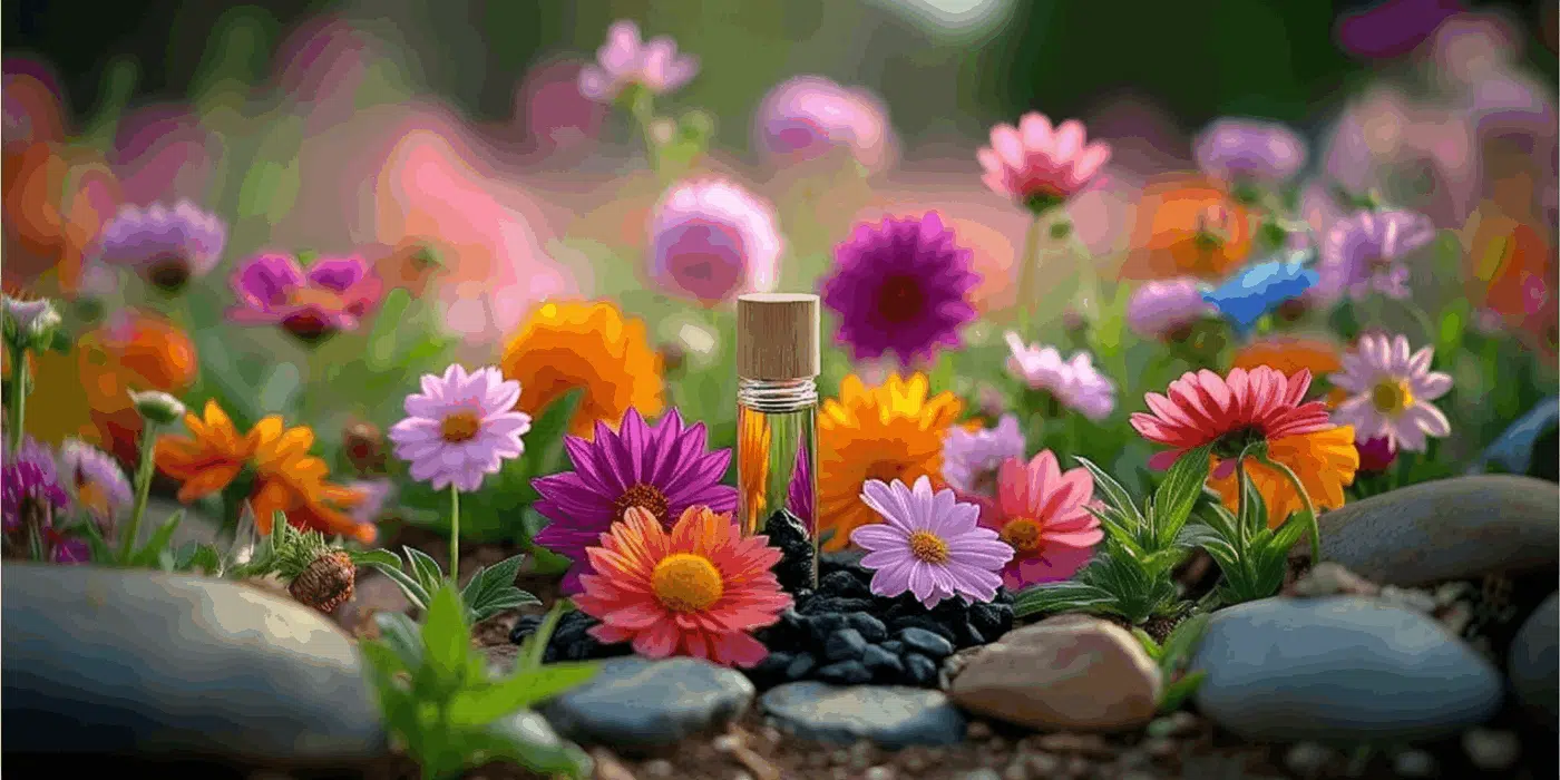 Root Chakra Healing Perfume Oil Recipe For Grounding 1 Perfume bottle filled with root chakra healing oil surrounded by colorful flowers.