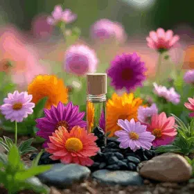 Perfume bottle filled with root chakra healing oil surrounded by colorful flowers.