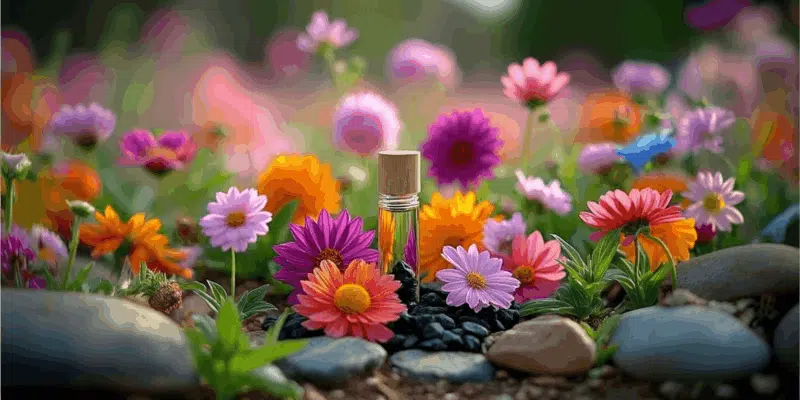Perfume bottle filled with root chakra healing oil surrounded by colorful flowers.