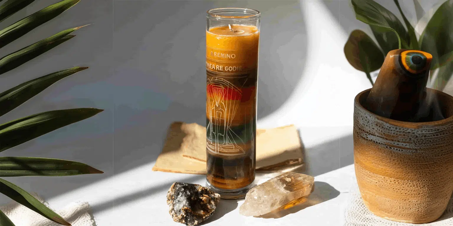 Home 108 Road Opener Spell that has a jar Candle surrounded by natural elements
