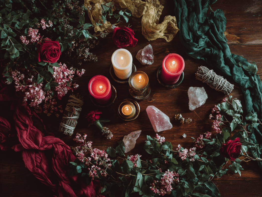 beltane altar example 1 Plentiful Earth | Global Spirituality a beltane altar with red candles and herbs