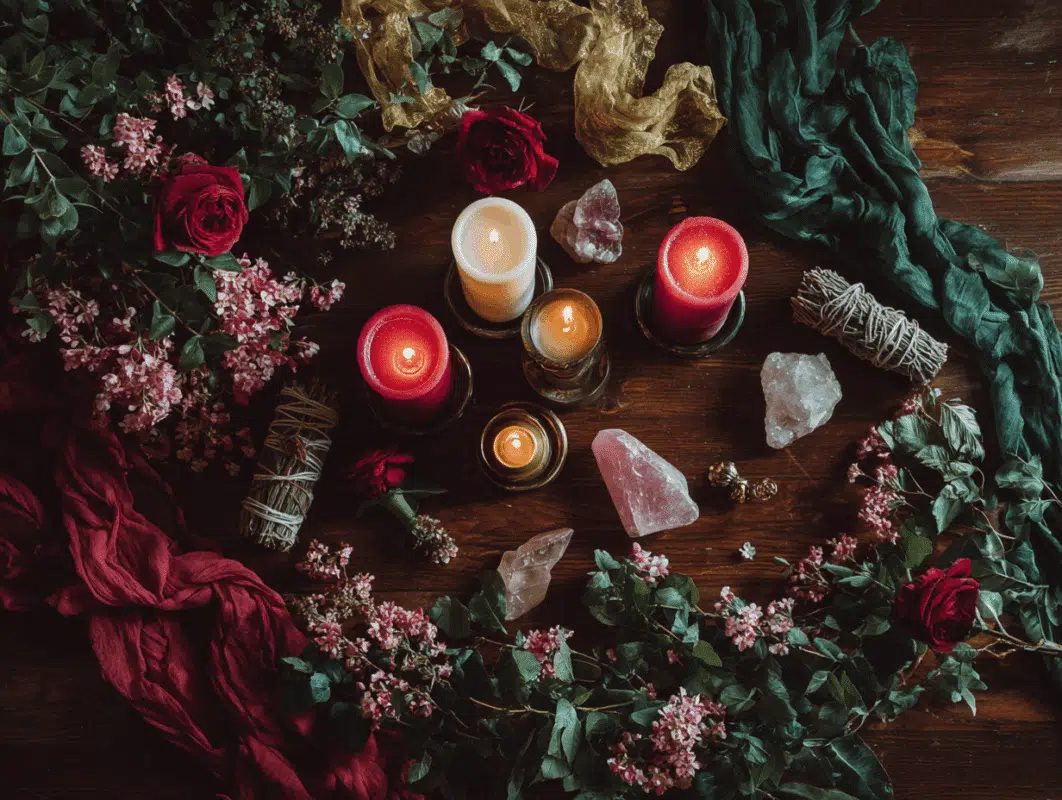 beltane altar example 1 Plentiful Earth | Global Spirituality a beltane altar with red candles and herbs