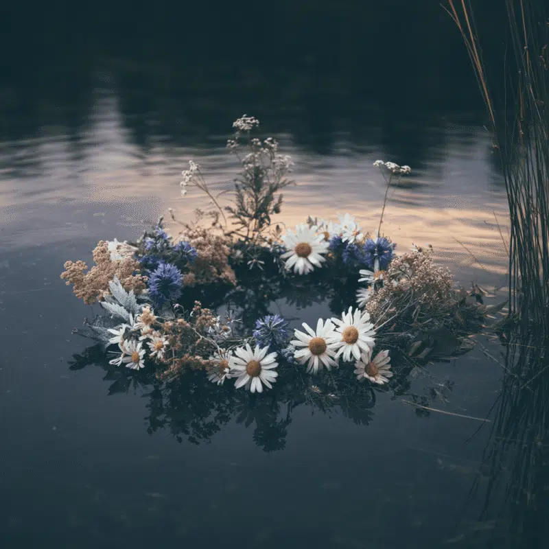 DuchessJenAfloatingwreathofmidsummerwildflowersdaisies2ef2e3a898ef47abbe4fc4b3e4a995f60 Plentiful Earth | Global Spirituality A wreath of white daisies and dried flowers floating on calm water near tall reeds at the edge of a lake