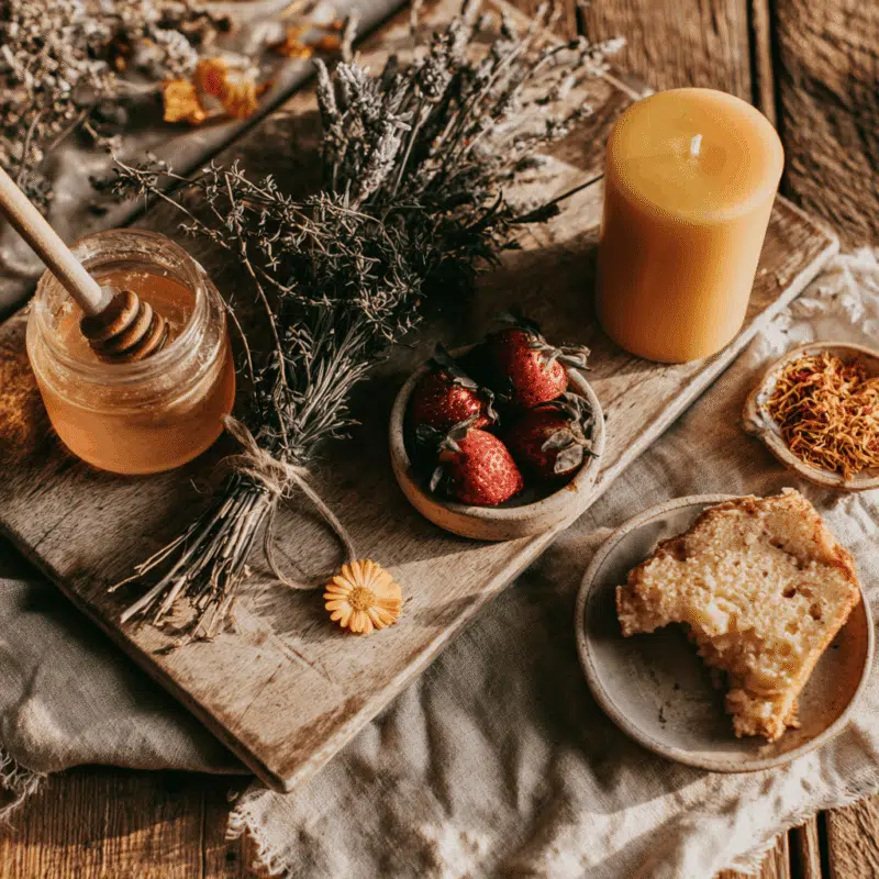 DuchessJenAnoverheadshotofawoodenkitchencounteratgo88dc7c54f2f646b493ce266246a4b9a31 Plentiful Earth | Global Spirituality Rustic wooden board with honey jar and dipper strawberries dried flowers candle and a slice of bread on a beige cloth This cozy breakfast spread