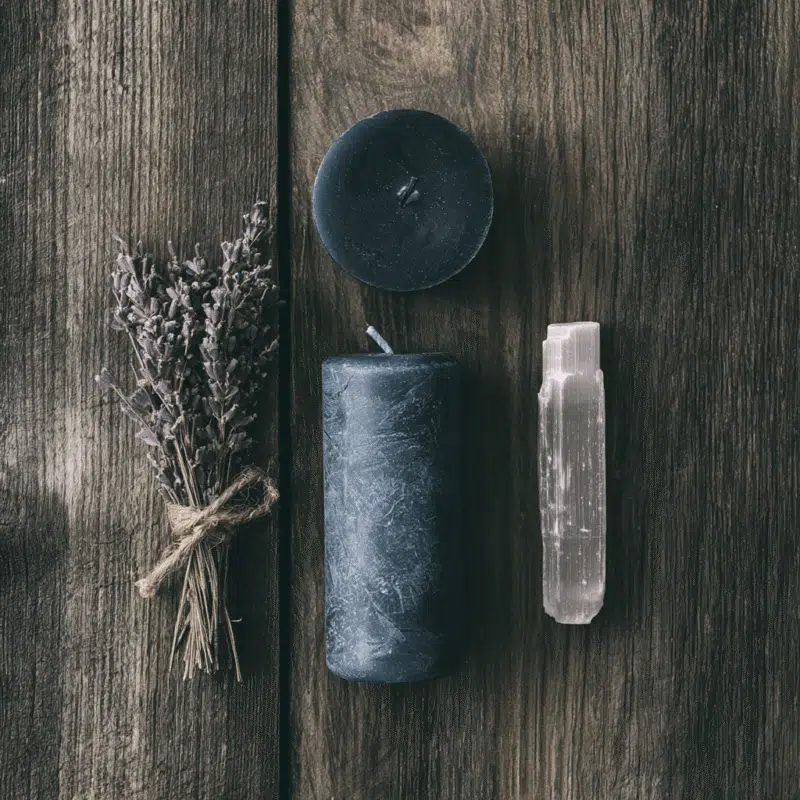 DuchessJenOverheadflatlayphotographofthreewitchcrafttfbec3cdf0aa64c71a49beab43c4a6e420 1 Plentiful Earth | Global Spirituality Lavender bundle with twine a dark blue pillar candle a round blue candle and a clear crystal wand on a wooden surface