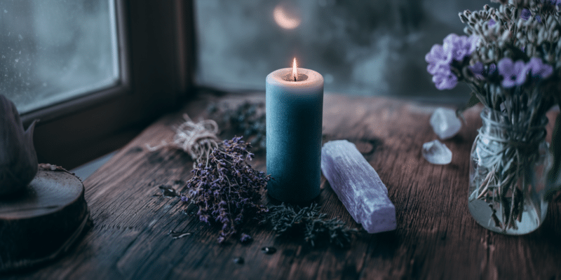 spell for sadness Plentiful Earth | Global Spirituality A blue pillar candle dried lavender flowers and a selenite stick arranged on a dark altar surface for a sadness working
