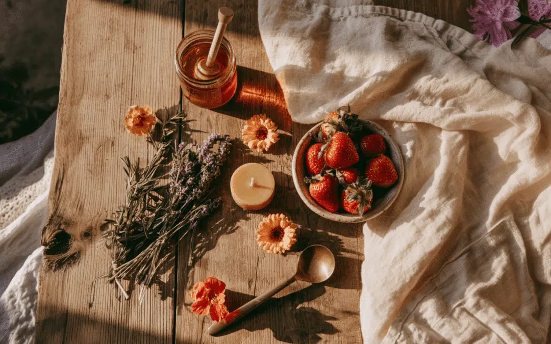 Strawberries and summer flowers on a feast table