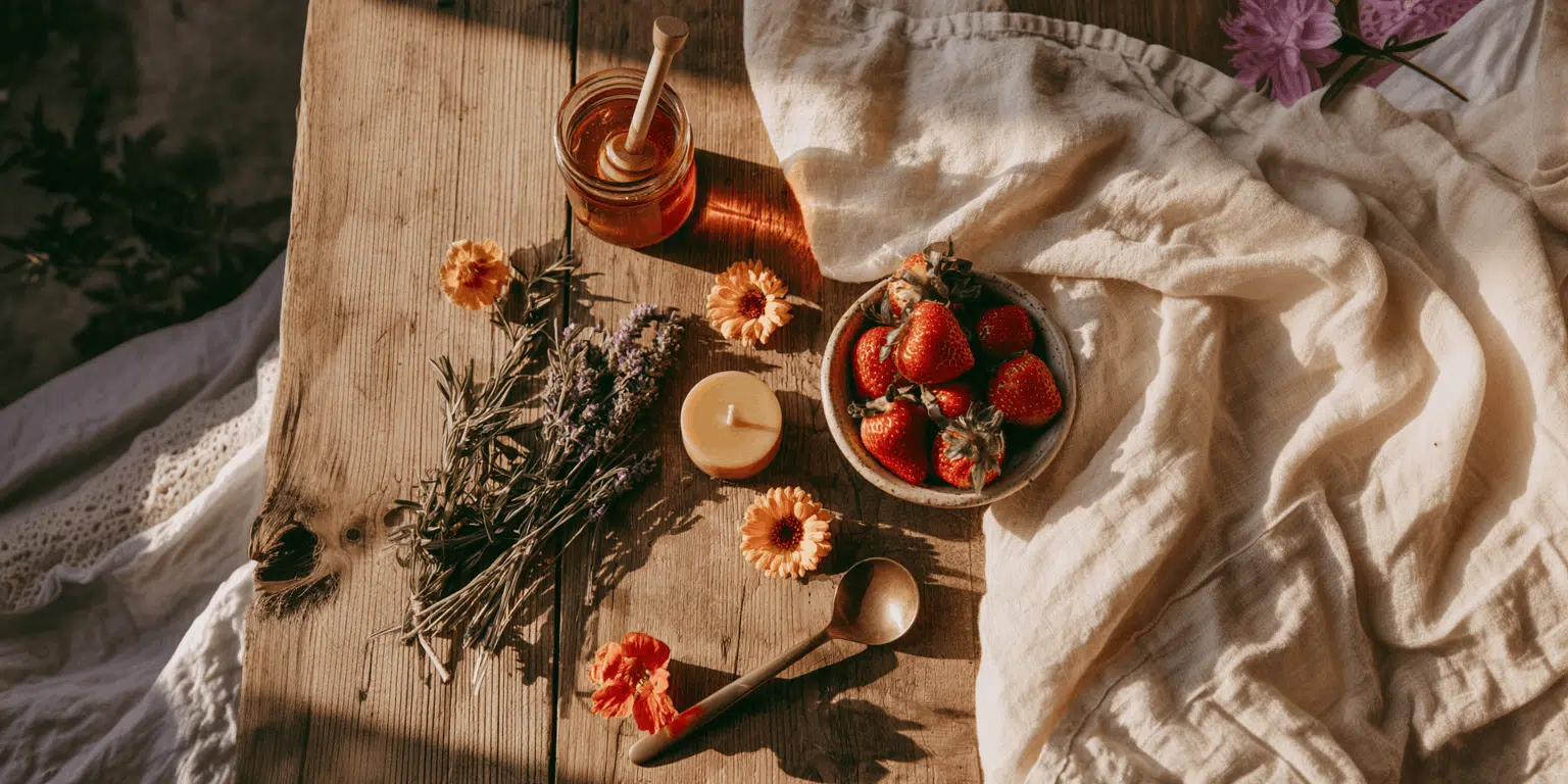 Strawberries and summer flowers on a feast table