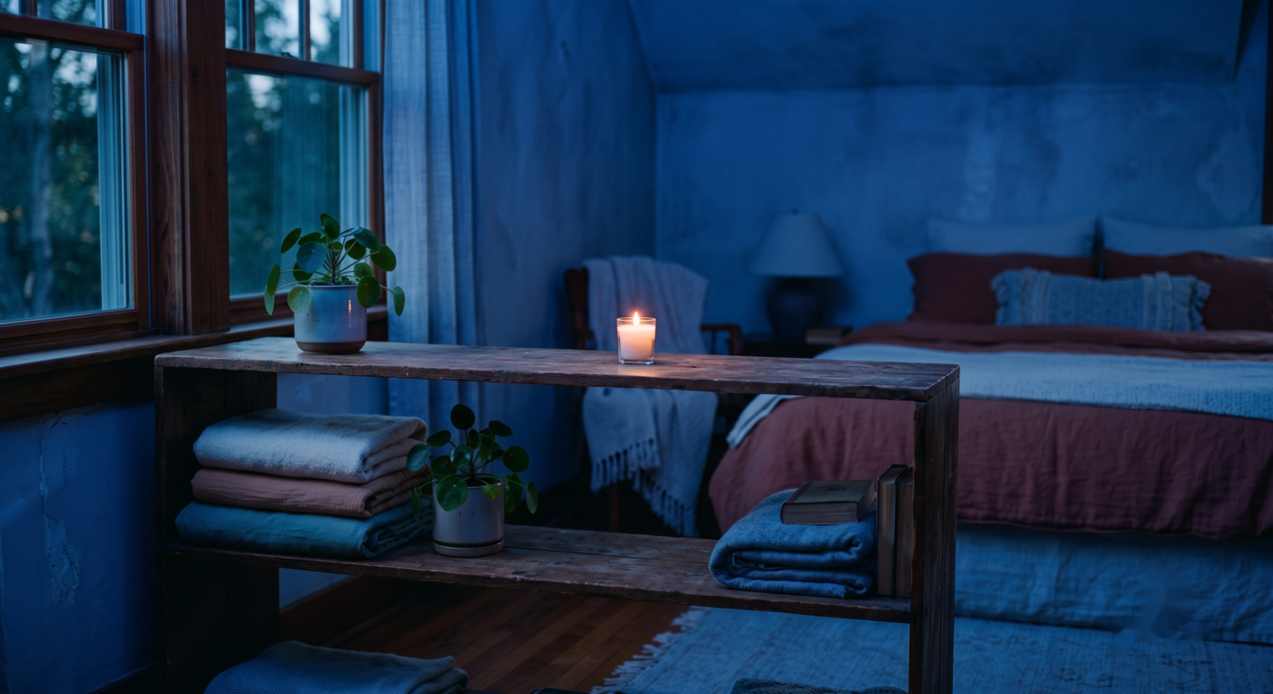 bluelightbedroom Plentiful Earth | Global Spirituality Cozy bedroom scene with a lit candle on a wooden shelf a potted plant folded towels and a bed with red linens in blue lighting