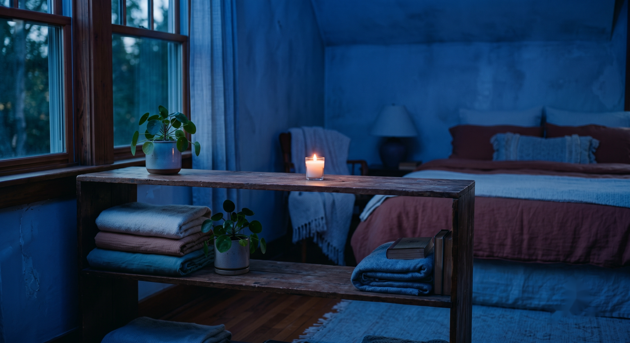 Cozy bedroom scene with a lit candle on a wooden shelf, a potted plant, folded towels, and a bed with red linens in blue lighting.
