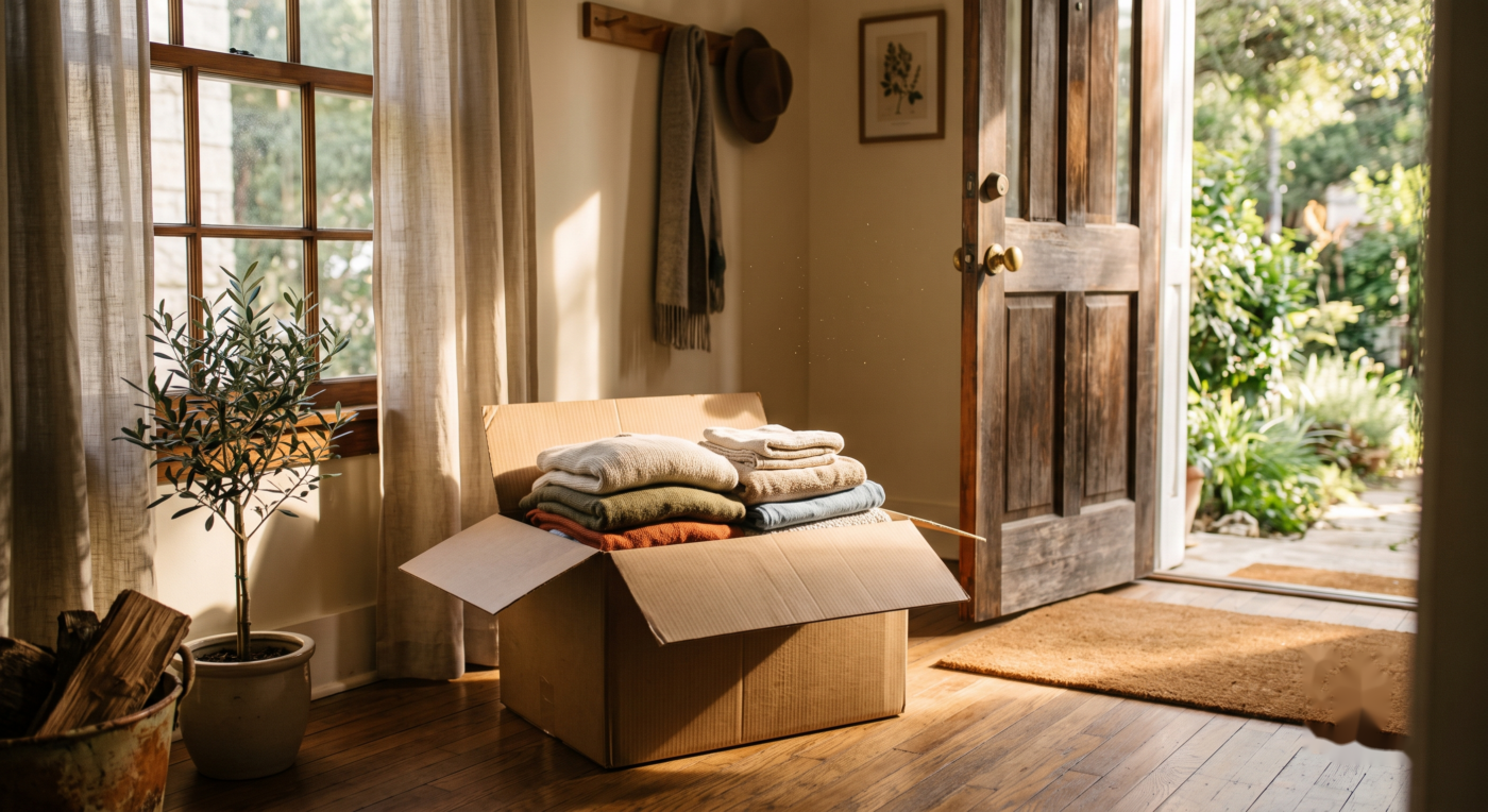 donationboxfrontdoor Plentiful Earth | Global Spirituality Box with folded towels and blankets on a wooden floor near an open front door sunlight streaming in and potted plant nearby