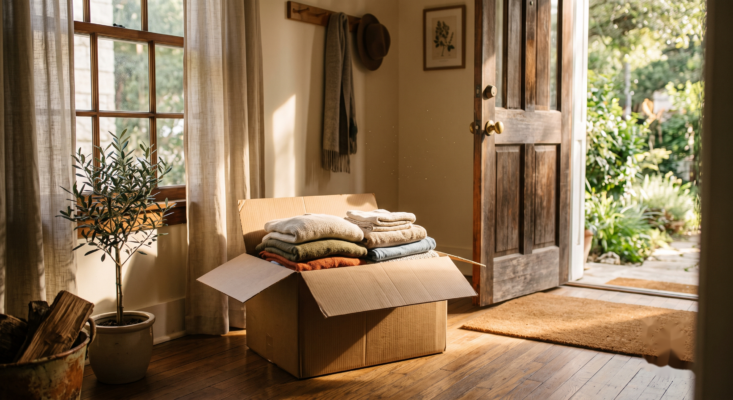 donationboxfrontdoor Plentiful Earth | Global Spirituality Box with folded towels and blankets on a wooden floor near an open front door sunlight streaming in and potted plant nearby