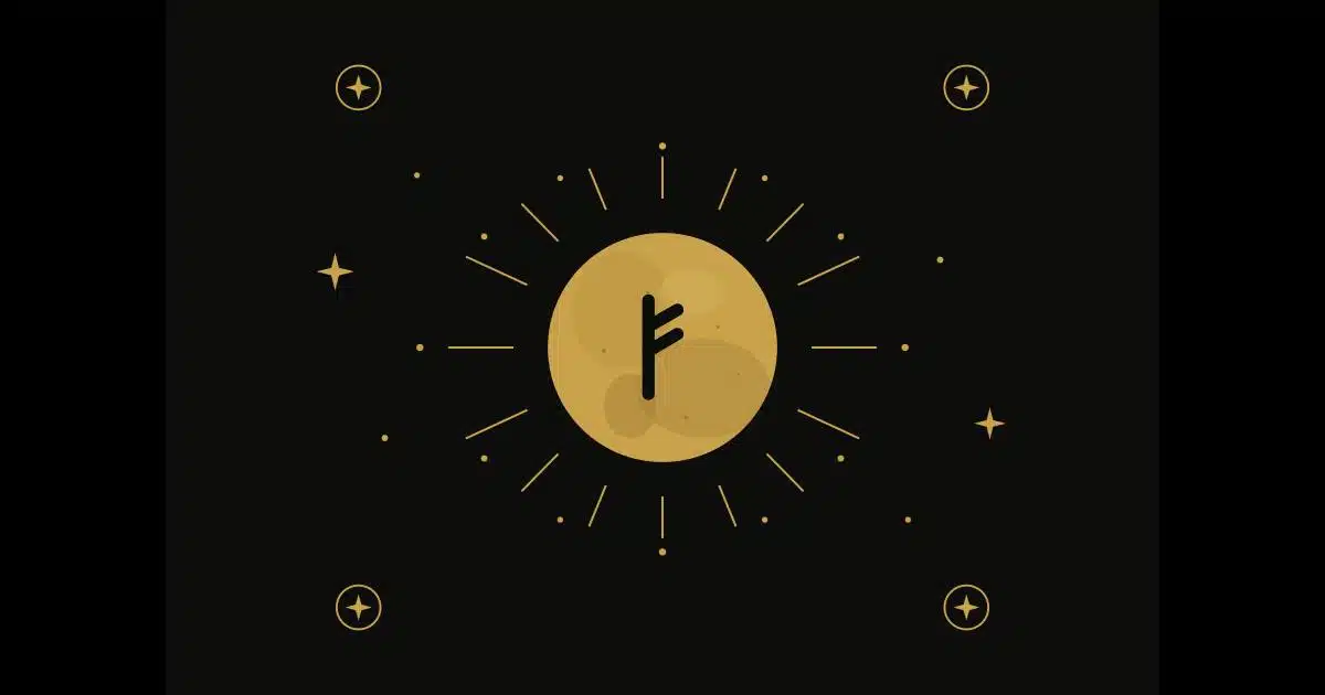 Gold sun emblem on black background with a central black rune-like symbol and radiating lines and stars.