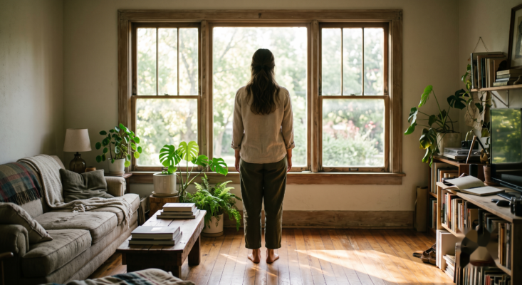 groundbarefootlivingroom Plentiful Earth | Global Spirituality Person standing barefoot in a sunlit living room facing a large window with greenery outside