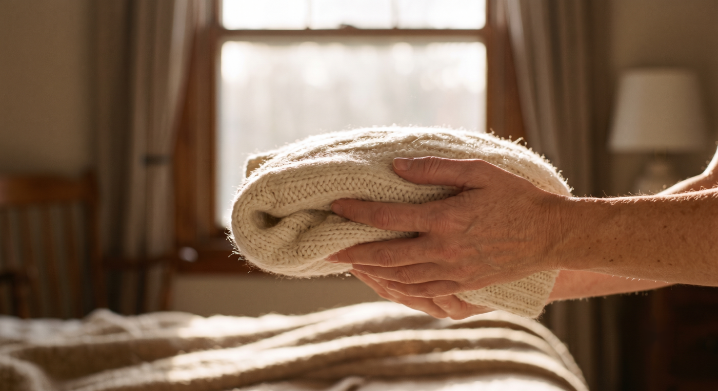 handsholdingsweater Plentiful Earth | Global Spirituality Close up of hands folding a cream knitted blanket on a bed in a sunlit bedroom window
