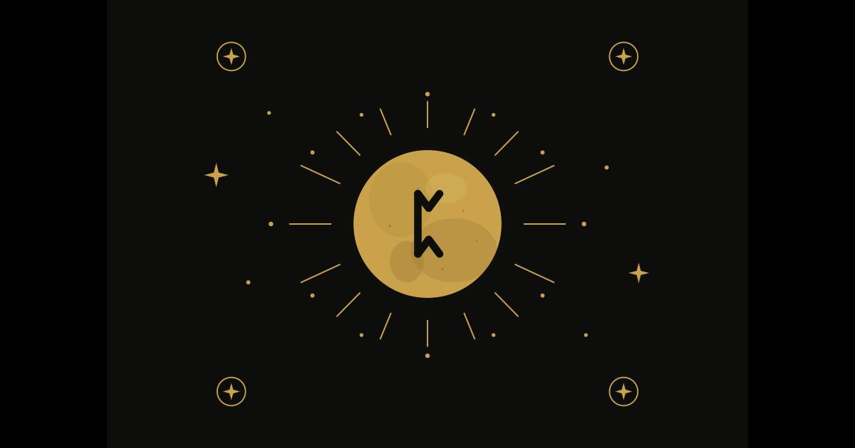 Gold moon with sunburst rays and scattered small stars on a black background, with a stylized rune-like mark in the center of the moon (decorative logo style).