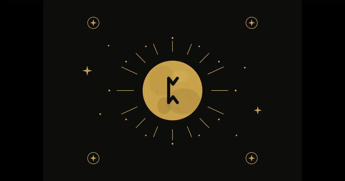Gold moon with sunburst rays and scattered small stars on a black background, with a stylized rune-like mark in the center of the moon (decorative logo style).