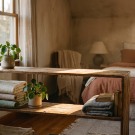 warmlightbedroomshelf Plentiful Earth | Global Spirituality Sunlit rustic bedroom with a wooden shelf potted plant and folded towels beside a bed with blush linens