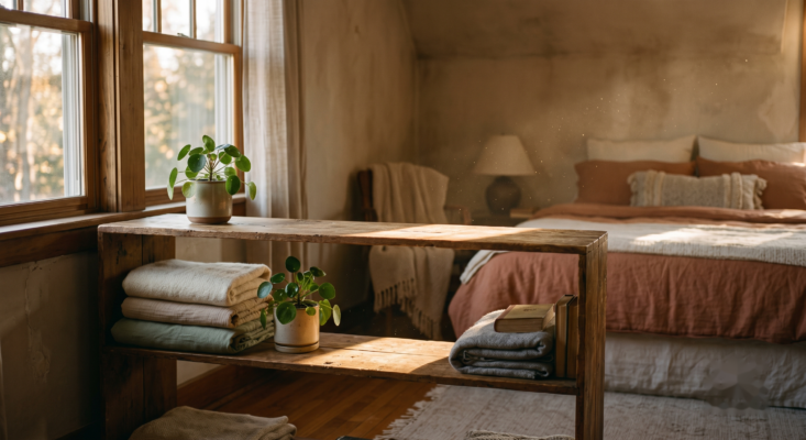 warmlightbedroomshelf Plentiful Earth | Global Spirituality Sunlit rustic bedroom with a wooden shelf potted plant and folded towels beside a bed with blush linens