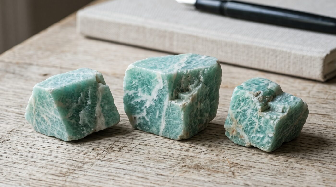 Raw amazonite stones with notebook and pen Plentiful Earth | Global Spirituality Three rough amazonite chunks with white albite streaks on a pale oak table beside a closed linen notebook and a fountain pen