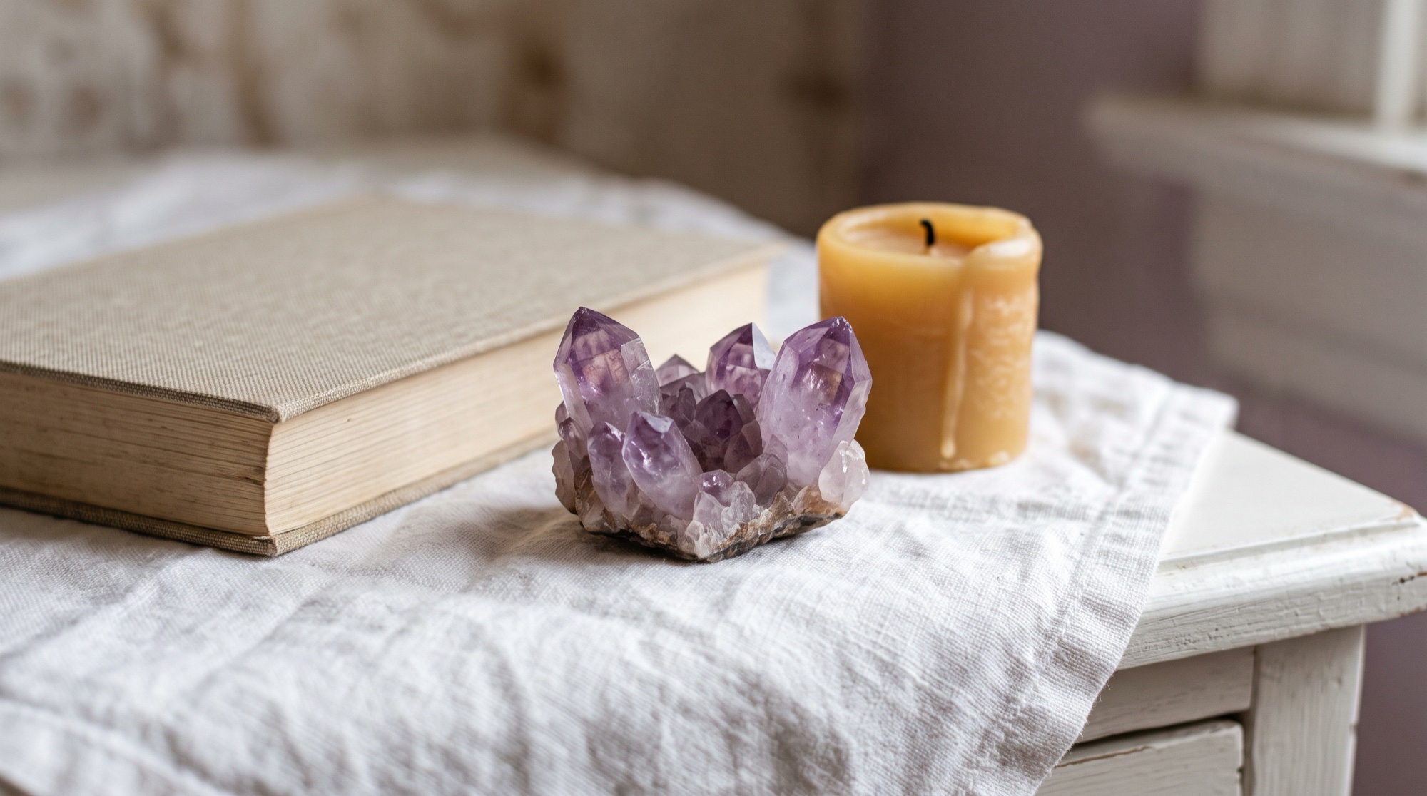 A small amethyst cluster with violet quartz points on a white linen nightstand beside a closed book and an unlit beeswax candle